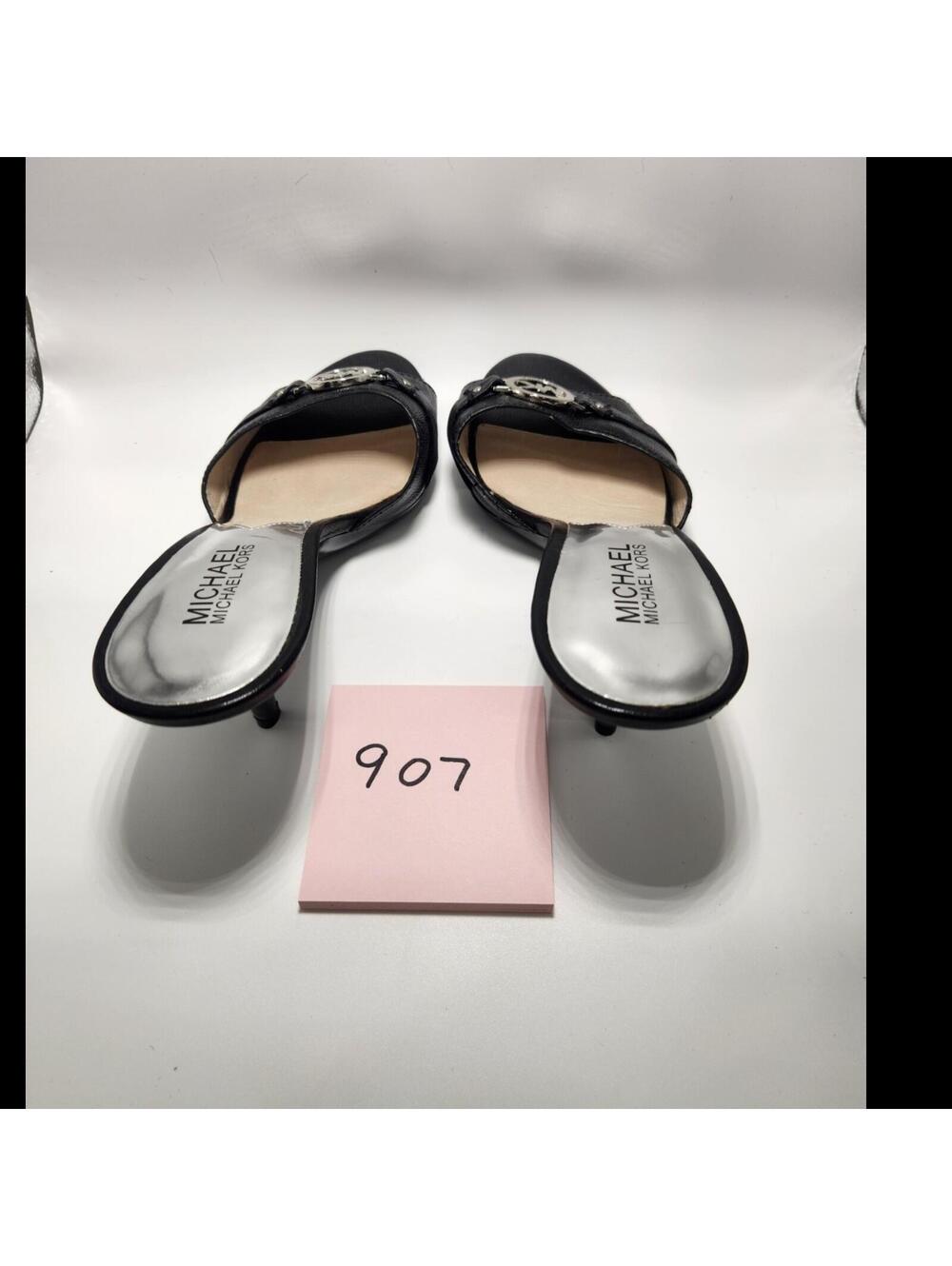 Michael Kors Women's Slide Sandals Leather Black Silver MK Logo Slip-On 8 M